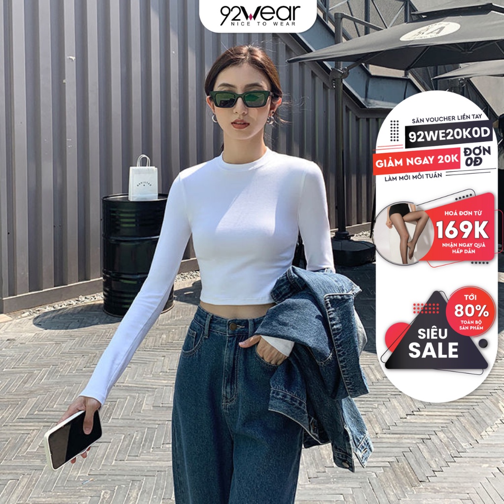 Áo croptop dài tay nữ 92WEAR cổ cao giữ nhiệt ấm kiểu ôm body tank top vải cotton co giãn tốt AG004