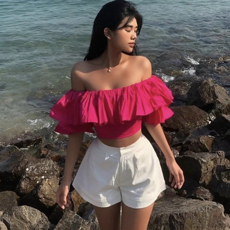 Áo trễ vai nữ tay phồng 2 lớp nhún lưng ôm dáng bánh bèo hottrend