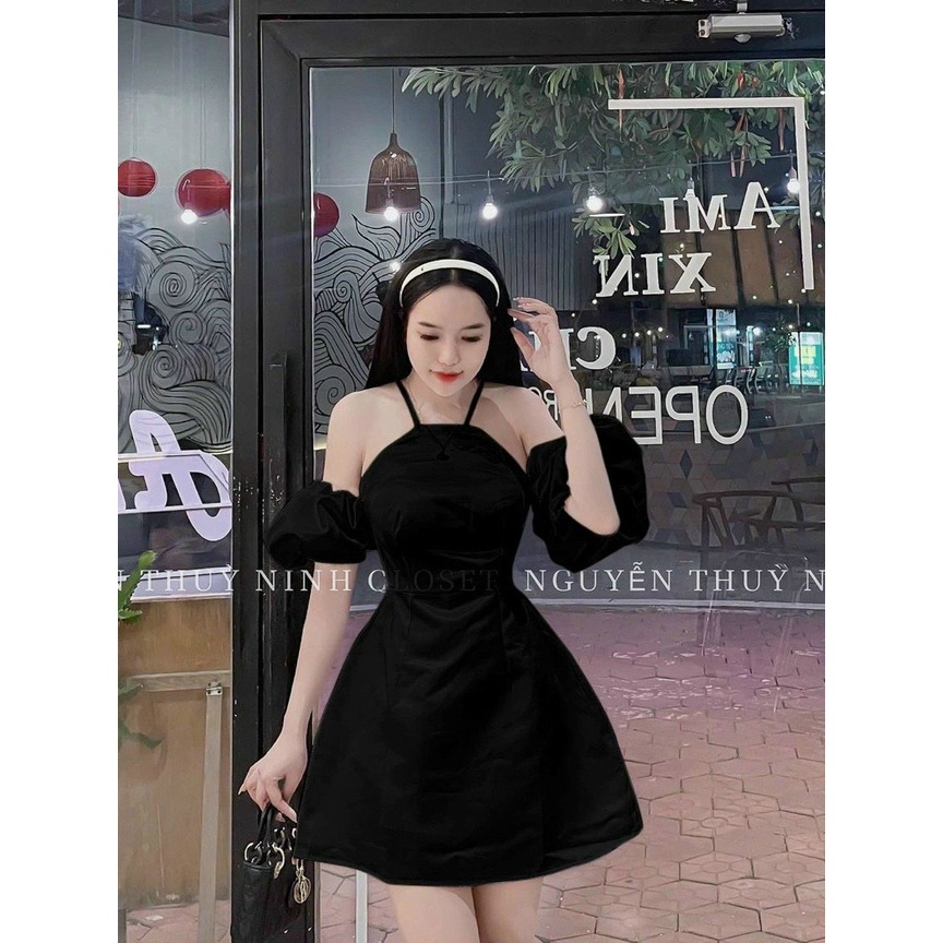 Đầm cotton lạnh cổ yếm tay phồng dáng xòe sang chảnh, váy tiểu thư đi tiệc hàng cao cấp, nữ mặc đi đám cưới có mút