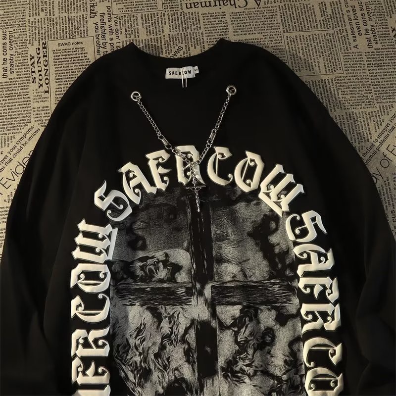 Áo Thun Tay Dài Dáng Rộng In Chữ Thập Phong Cách Âu Mỹ Thời Trang Cho Nam