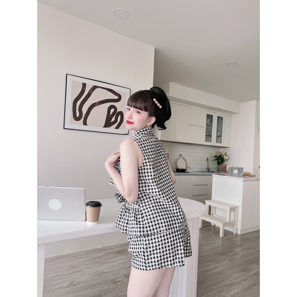 [11.11 Sale Freeship] Set bộ tiểu thư nữ,set đũi xốp áo cổ bẻ tầng mix quần sooc đùi kẻ caro đi chơi dạo phố dễ thương