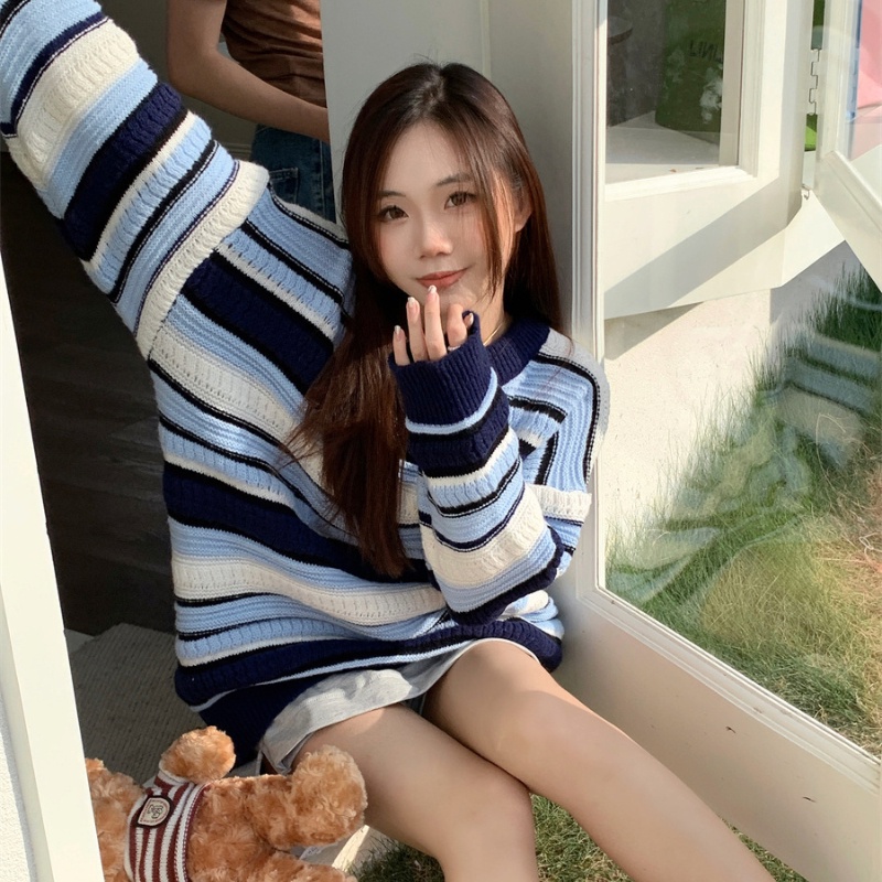 COZOK Áo Len Tay Dài Form Rộng Họa Tiết Sọc Hợp Thời Trang