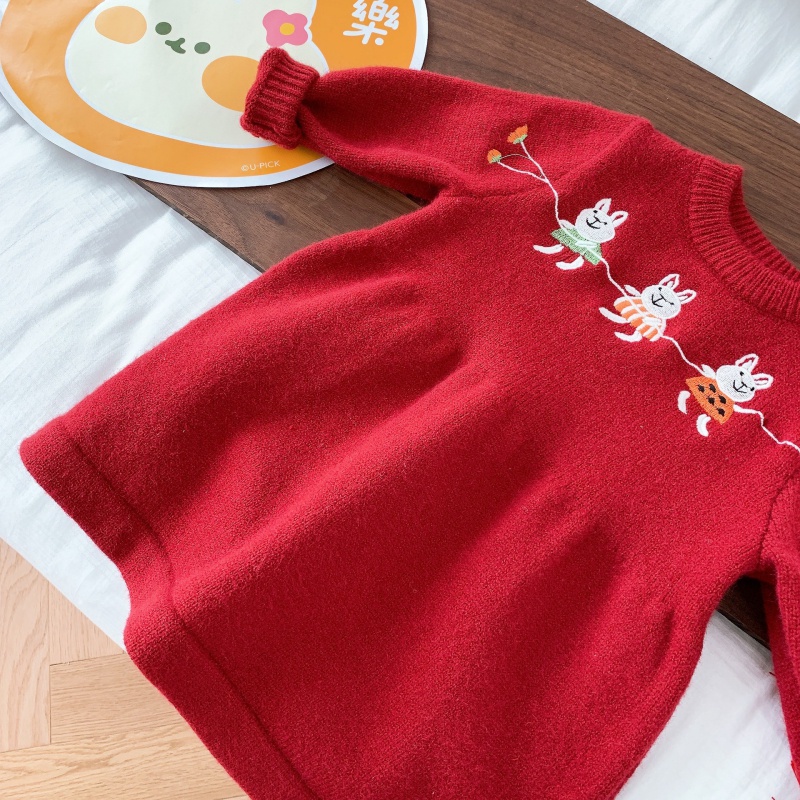 Áo Sweater Dệt Kim Dáng Chữ A Thêu Hình Chú Thỏ Dễ Thương Phong Cách Hàn Quốc Thời Trang Năm Mới Cho Bé Gái