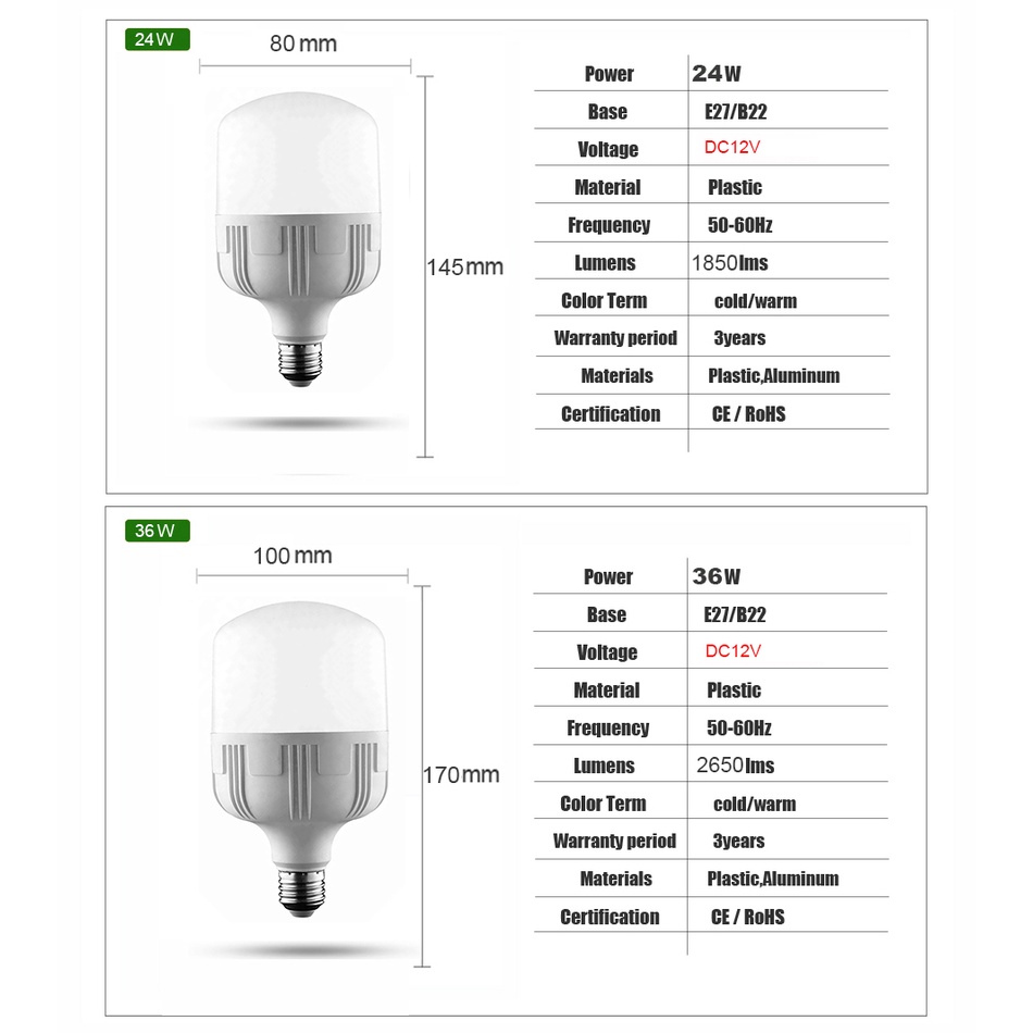 Bóng Đèn Led 12V DC E27 3W 7W 9W 12W 15W 18W 24W 36W 12V Dành Cho Các Hoạt Động Ngoài Trời