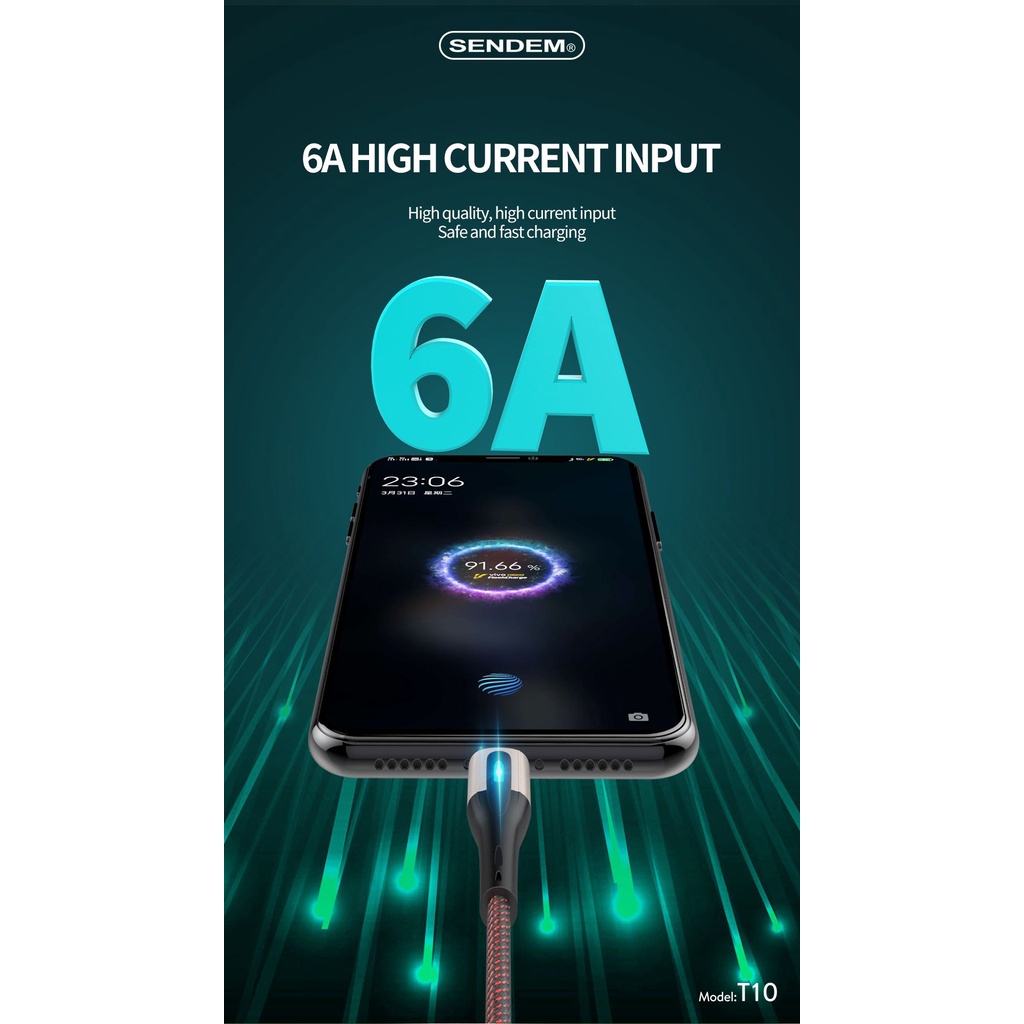Cáp dữ liệu Sendem T10 6A bọc dù có đèn thở Chân Micro TypeC Trái Táo