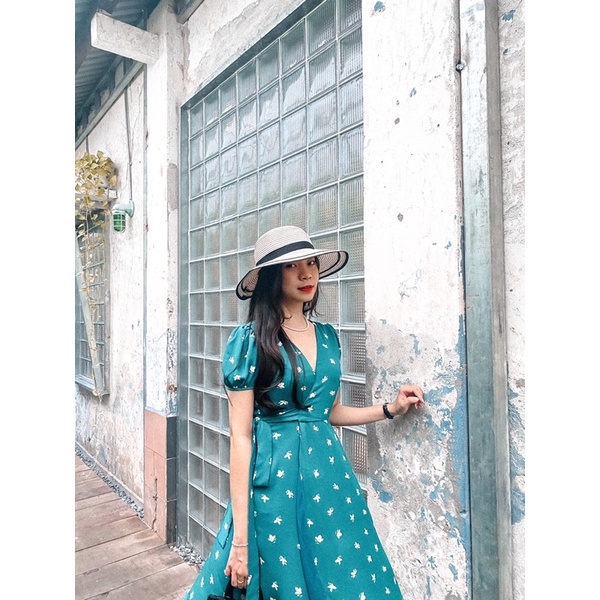 Đầm nữ Ton.Clothing đầm vintage đắp vạt chéo vải mịn mát xanh hoa nhí thiết kế tay ngắn dễ thương xinh xắn DRI012