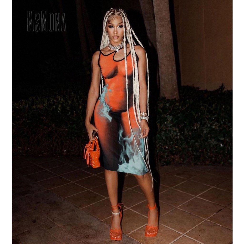 MsMona Đầm Midi Không Tay Ôm Dáng In Họa Tiết Nhiều Màu Sắc Thời Trang 2022 Cho Nữ
