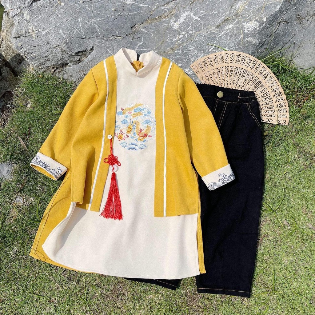 Áo dài Tết cách tân cho bé trai thêu rồng  size 1 2 3 4 5 6 - TD4154