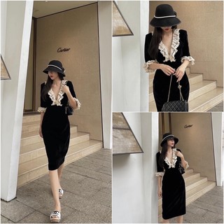 Váy nhung phối viền cổ voan l1