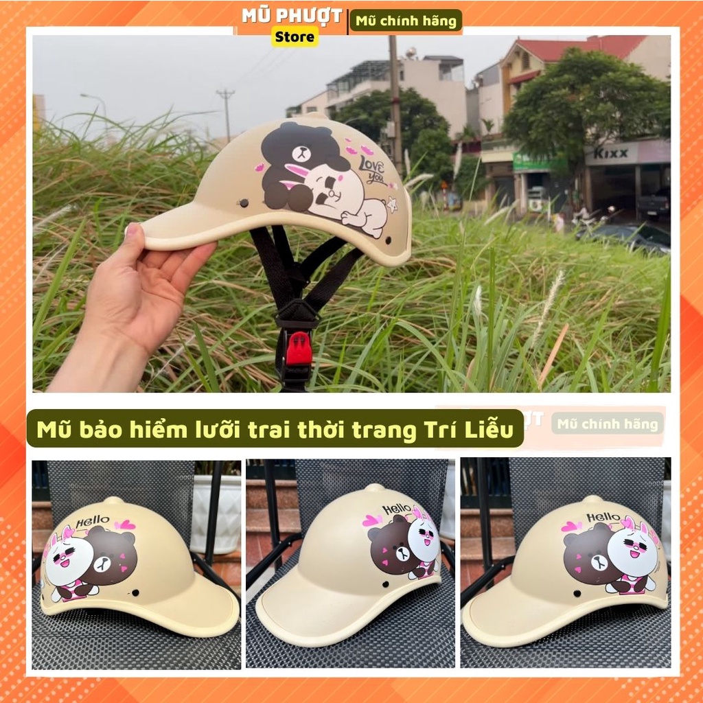 Mũ bảo hiểm nửa đầu lưỡi trai thời trang nam nữ trí liễu tím tem gấu cao cấp nhiều màu sắc
