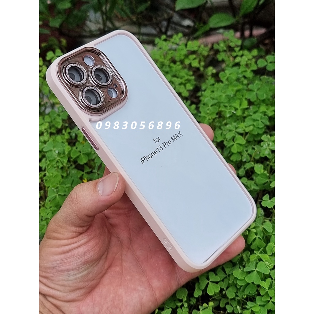 (Viền tím) Ốp Miruyi kính trong viền màu camera gắn đá nhũ cho iPhone 13 /13 Pro/ 13 Pro Max/ 14/pro/plus/prm sang trọng
