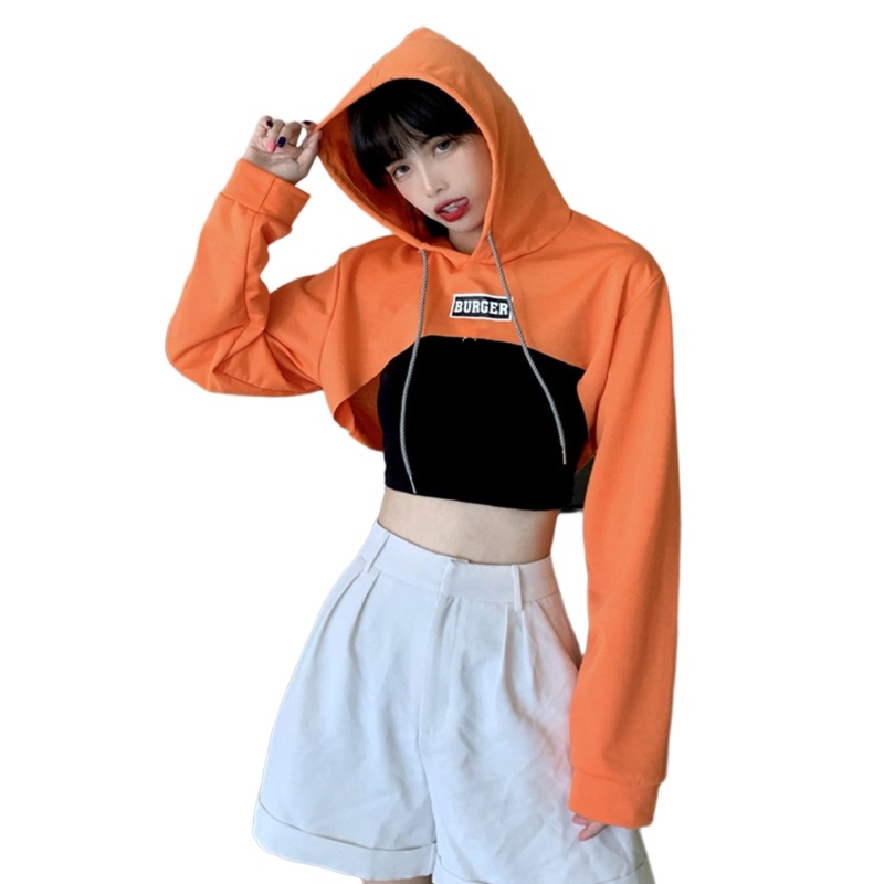 Xiangbao Áo Hoodie Crop Top Dáng Rộng Khoét Lỗ Hở Lưng Phối Dây Rút Gợi Cảm Cho Nữ