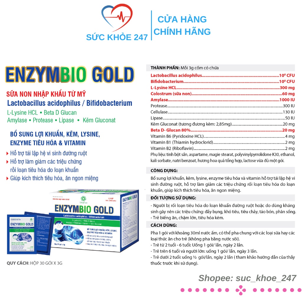 Men Tiêu Hóa ENZYMBIO GOLD - Bổ Sung Lợi Khuẩn, Kẽm, Enzyme Tiêu Hóa & Vitamin Giúp kích Thích Ăn Ngon Hộp 30 Gói