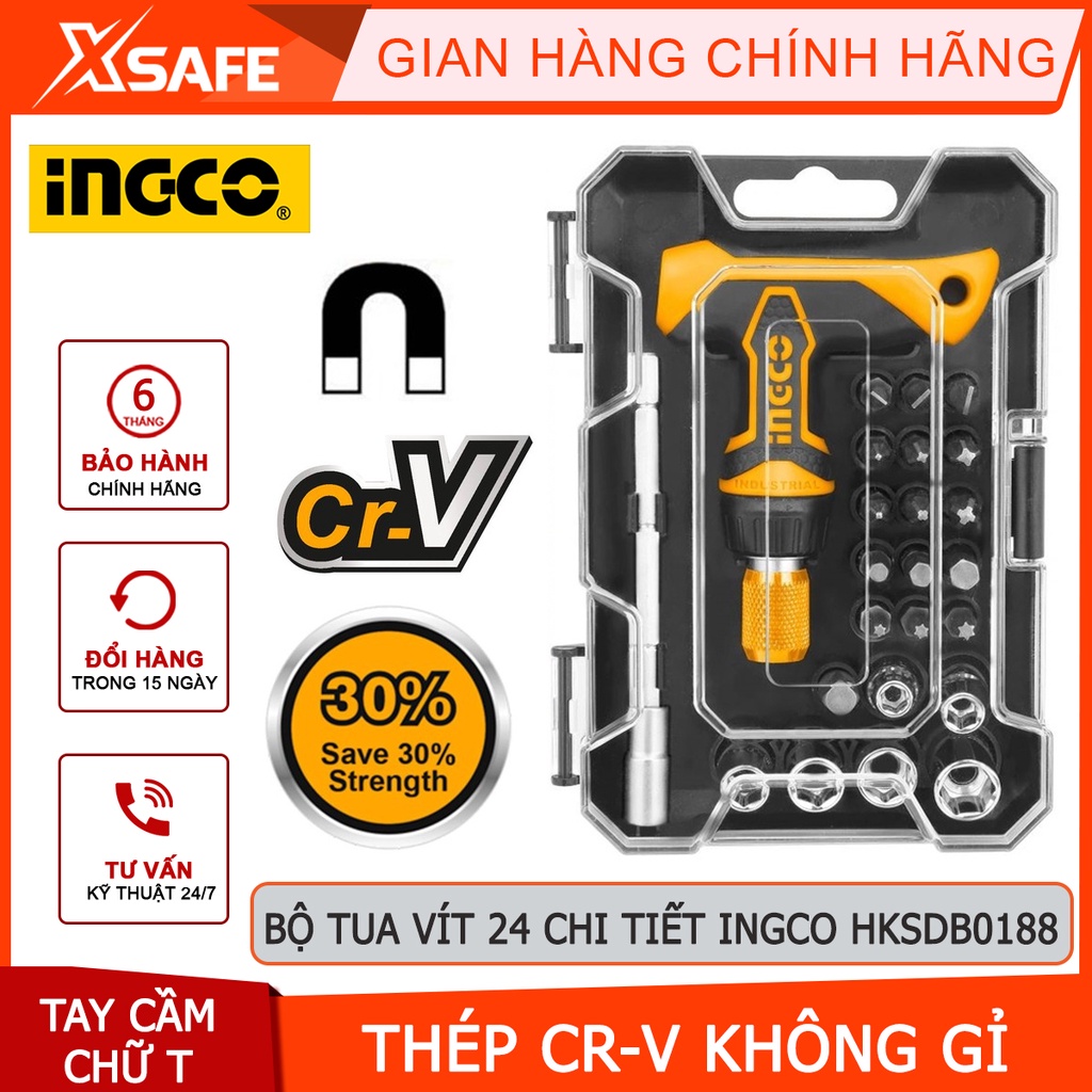 Bộ tua vít tay cầm chữ T INGCO HKSDB0188 24 chi tiết đa năng đóng mở 2 chiều tự động có nam châm sửa điện thoại máy tính