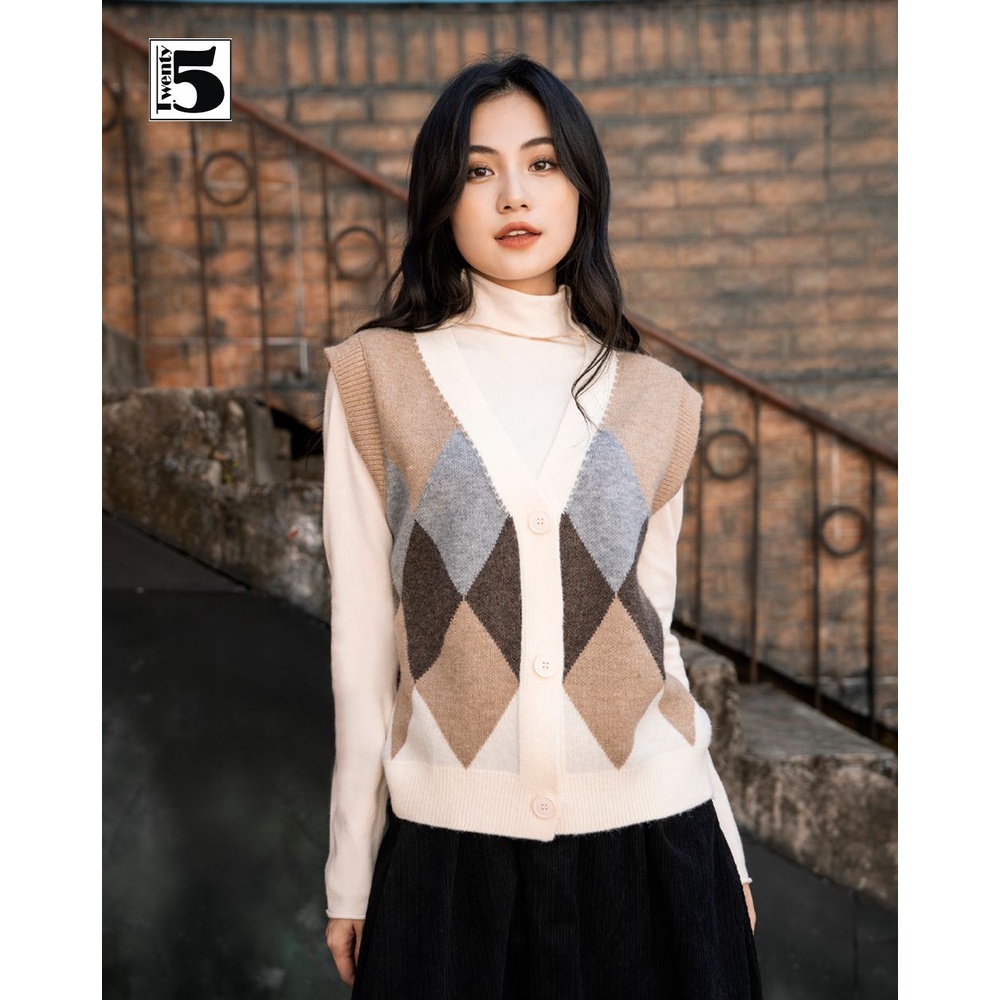 Áo len gile cardigan nữ cổ tim họa tiết kẻ trám Hàn Quốc Twentyfive 4251