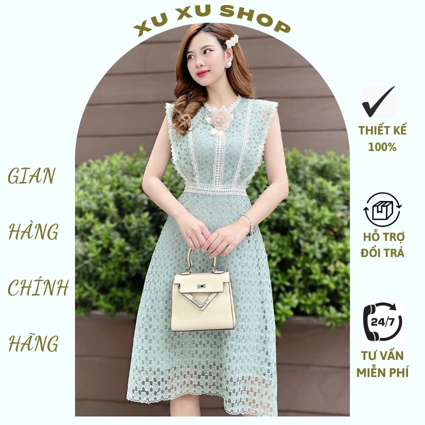 HOT - Đầm tiểu thư sát nách kèm hoa cài - XU XU SHOP - Váy ren nữ dịu dàng thanh lịch, màu ren xanh ngọc cực nhẹ nhàng