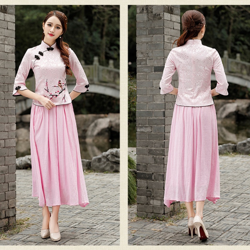 IELGY  Áo Thun Qipao Tay Dài Vừa Thêu Họa Tiết Màu Đỏ Phong Cách Trung Hoa Cổ Điển Thời Trang Cho Nữ