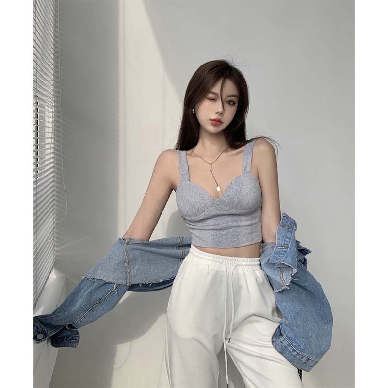 Áo hai dây SUXI cổ chữ V có mút đệm ngực màu sắc đơn giản cho nữ