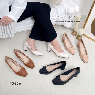 Giày cao gót nữ gót vuông 5p bít mũi nơ nhỏ f0686