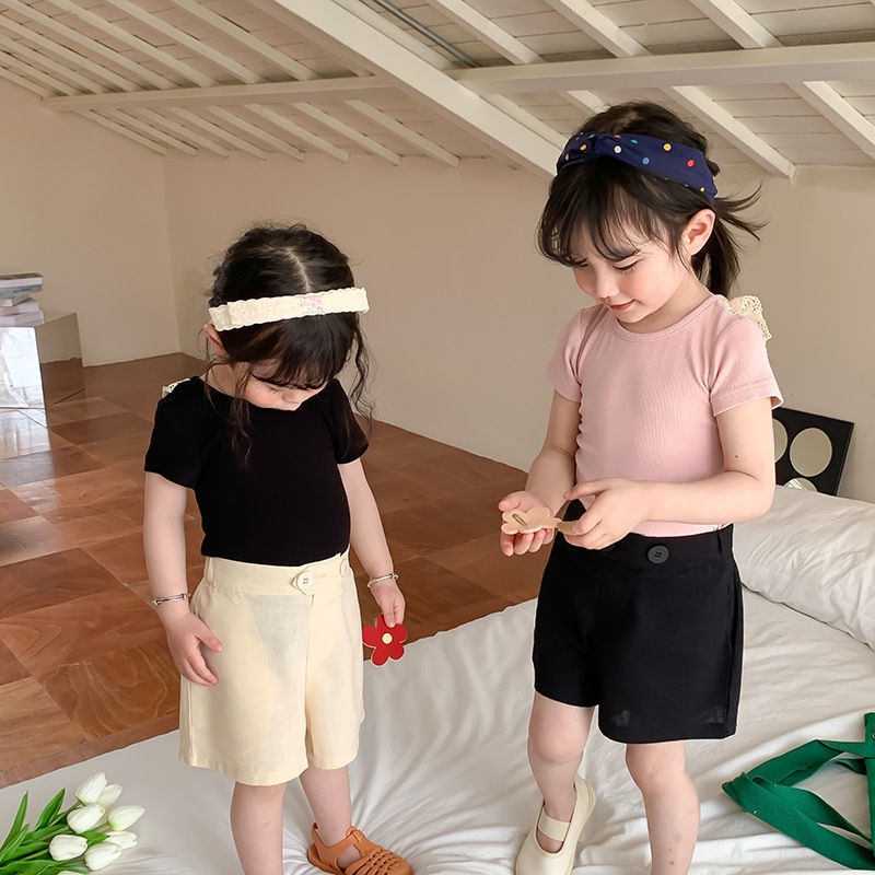 Áo Thun Tay Ngắn Phối Ren Và Nơ Dễ Thương Phong Cách Hàn Quốc Cho Bé Gái