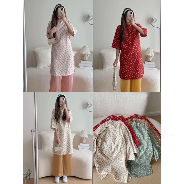 Set áo dài hoa nhí cách tân chất nhung tăm dáng suông