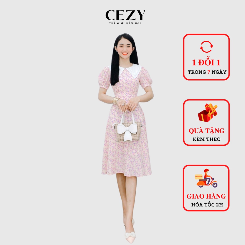 Đầm hoa tay phồng dáng xòe cổ tiểu thư có size bigsize D14