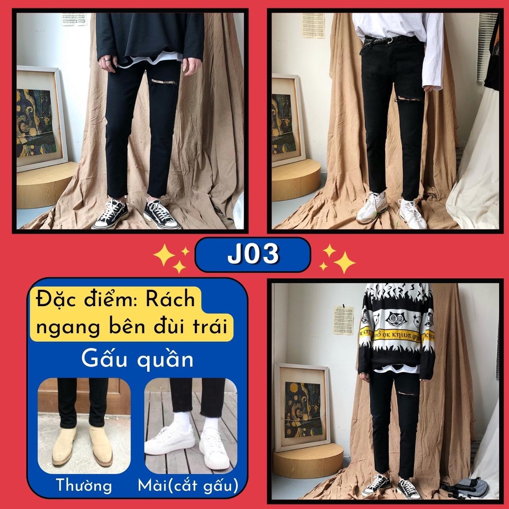 Quần Jean Nam Đen Trơn Và Rách Gối Vải Co Giãn 4 Chiều, Không Phai Màu, Không Xù Dáng Skinny Phong Cách Hàn Quốc