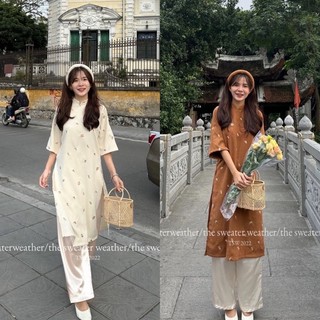 Set áo dài nhung thêu hoa kèm mấn the.sweaterweather TSW