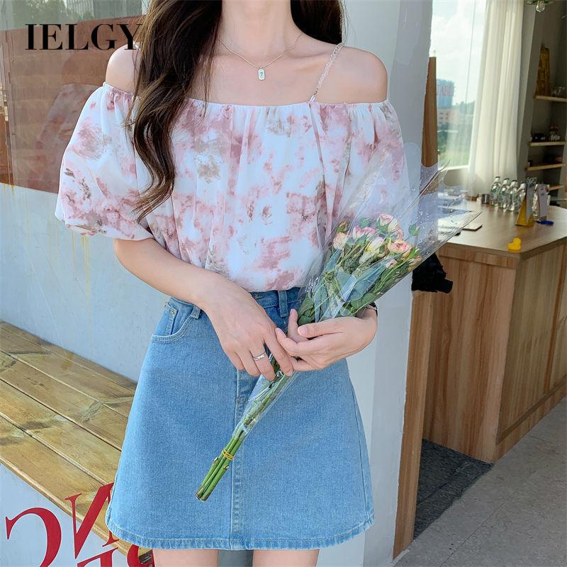 IELGY IELGY Áo Kiểu Trễ Vai Tay Ngắn Dáng Rộng In Họa Tiết Hoa Xinh Xắn Thời Trang Cho Nữ