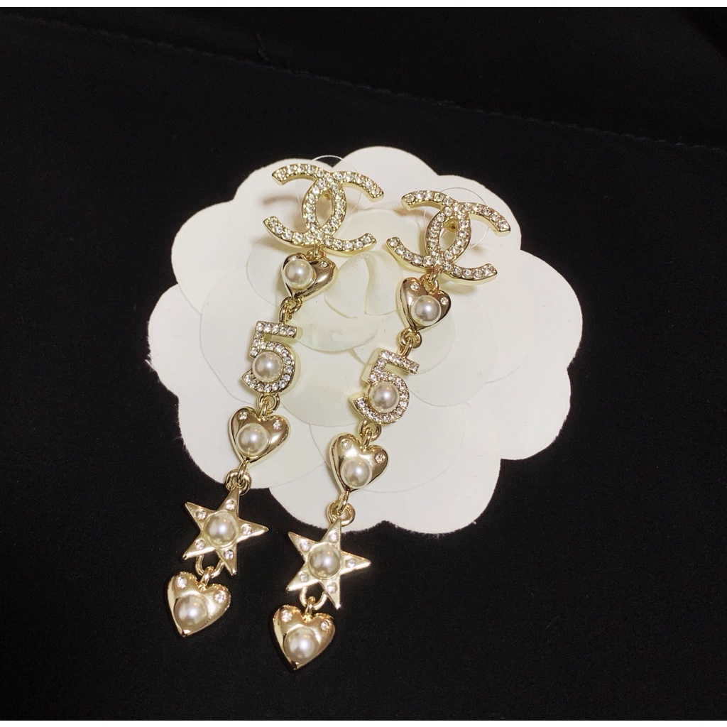 Bông Tai Mạ Bạc 925 Hình Chữ C / Ngôi Sao / Trái Tim Năm Cánh Đính Ngọc Trai Thời Trang