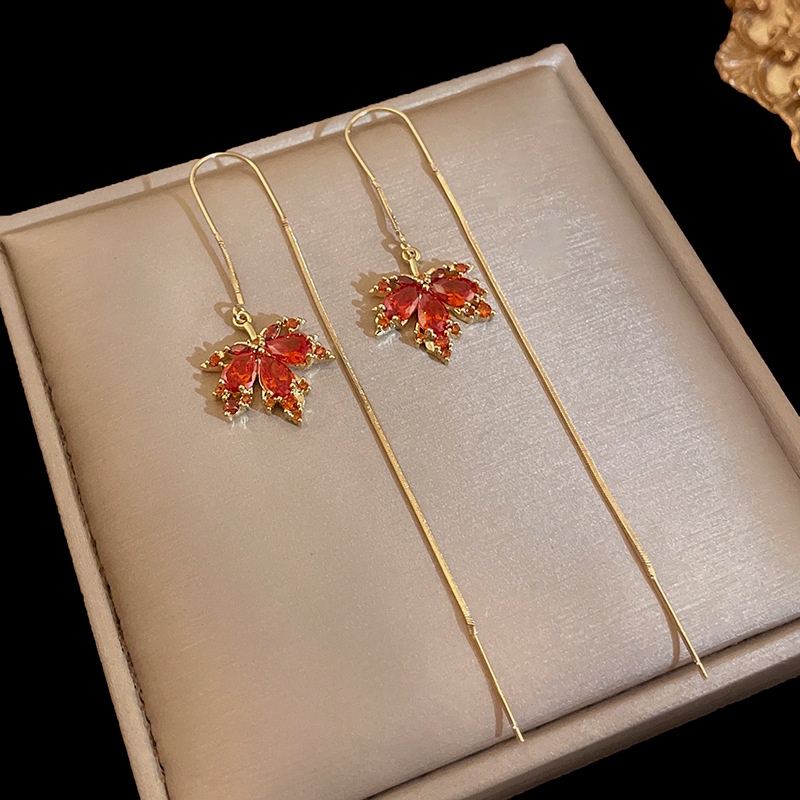 Bộ Trang Sức Dây Chuyền / Nhẫn / Bông Tai Hình Lá Phong Đỏ Đính Đá Pha Lê Thời Trang Cho Nữ