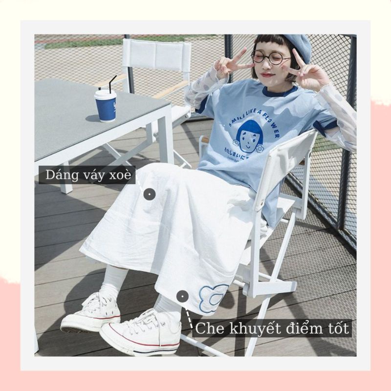 Chân váy dài chữ a dáng xoè hàn quốc dành cho người mập,chân váy dài bigsize lưng thun quảng châu dễ thương màu trắng 06