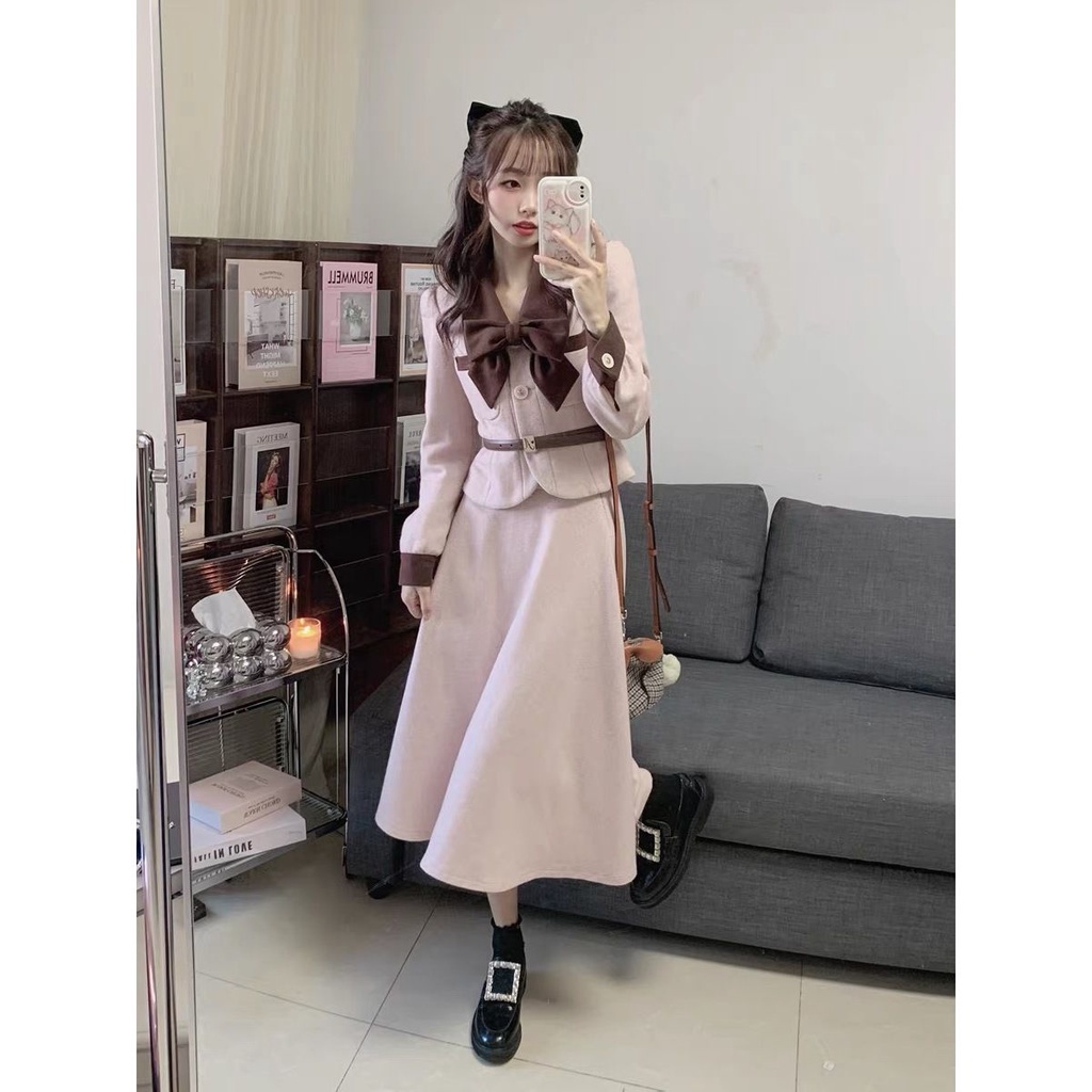 Bộ Áo Khoác + Chân Váy Lưng Cao Thời Trang Retro 2023