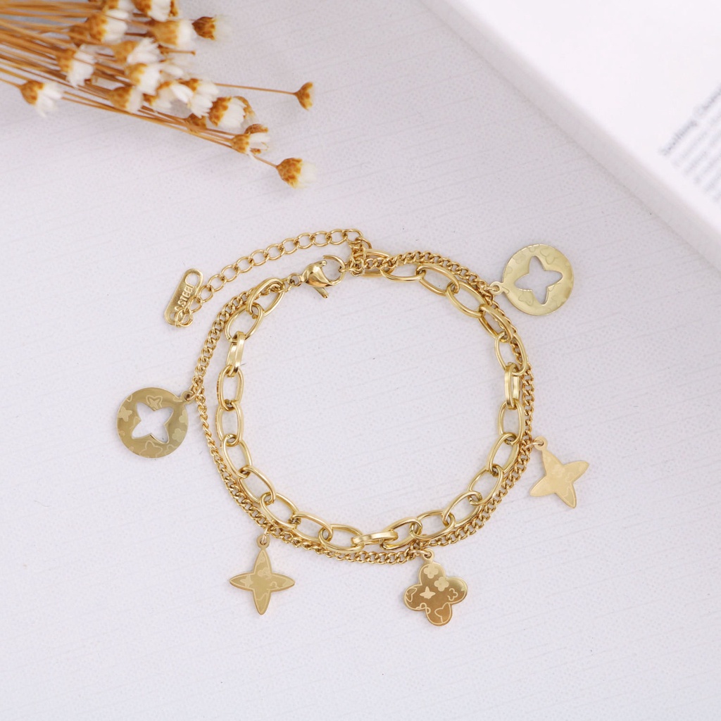 Vòng Đeo Tay Hai Lớp Bằng Kim Loại Titan Mạ Vàng 18K Không Phai Sang Trọng Thanh Lịch Dành Cho Nữ S0K1