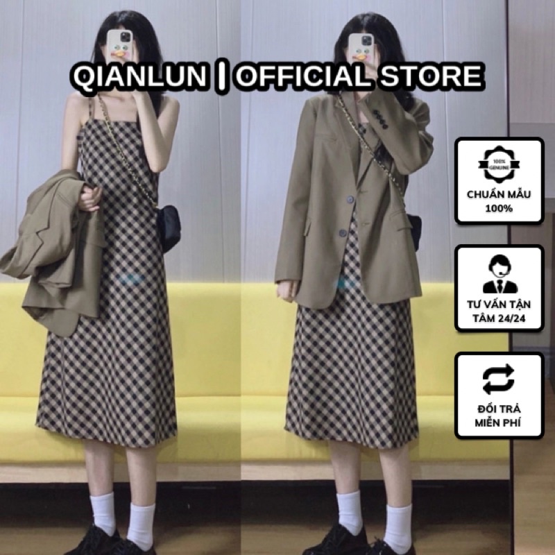 Set váy dài 2 dây kẻ sọc caro + áo Blazer dài tay thời trang mùa đông cho nữ phong cách Hàn Quốc
