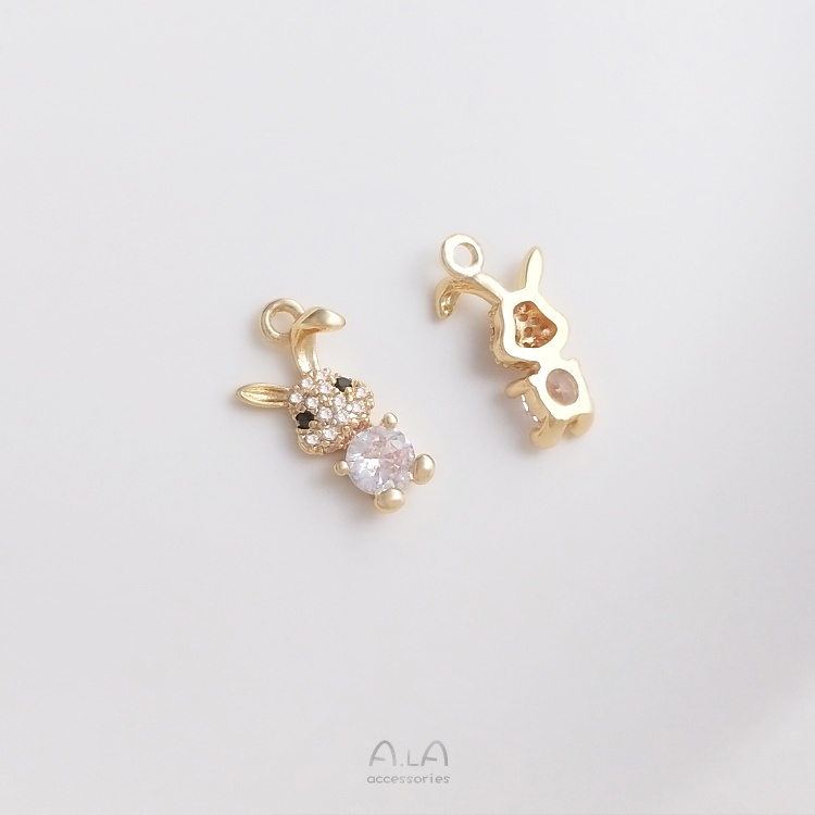 Mặt Dây Chuyền Diy Bằng Đồng Mạ Vàng 14K Khảm Đá Zircon Hình Thỏ Gấu Ba Chiều Sáng Bóng Mini