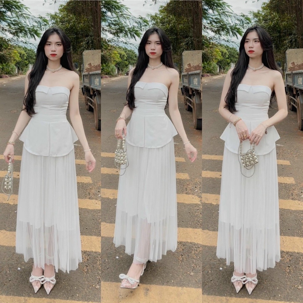 Sét áo ống xẻ tà chân váy midi voan dập ly dự tiệc cưới mẫu lê thị thương shop