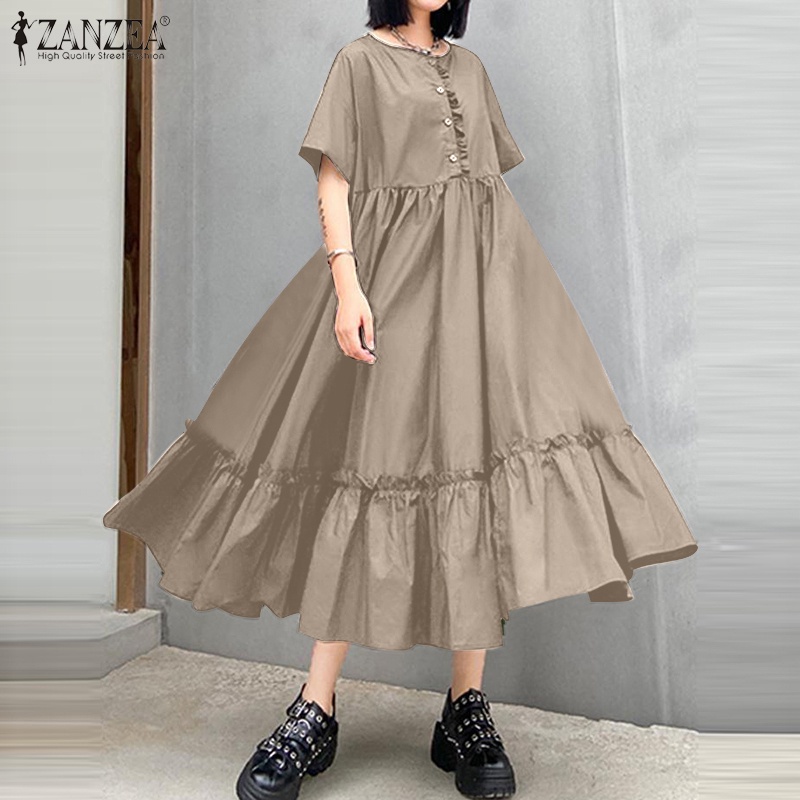 Đầm ZANZEA ngắn tay phối bèo phong cách Hàn Quốc