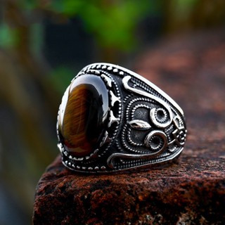 Nhẫn Thép Titan Đính Đá Mắt Hổ Thời Trang Vintage Cho Nam