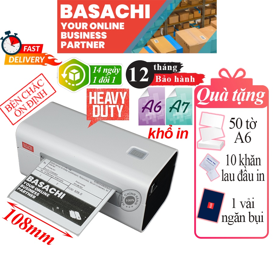 Máy in nhiệt BASACHI D465B A6/A7 dùng in đơn hàng giấy in nhiệt in bill decal [BH 12 Tháng]