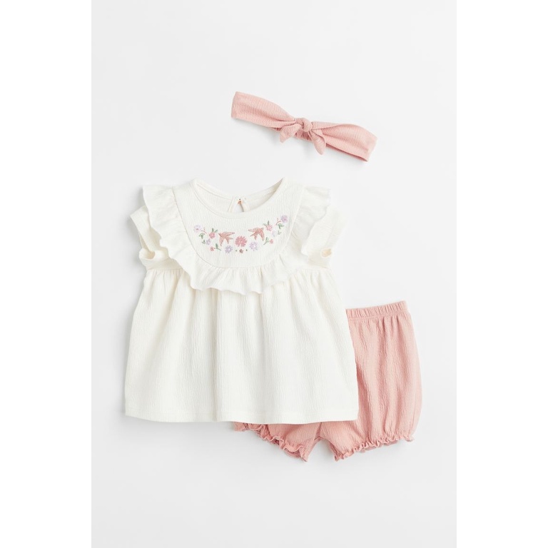 Set quần áo băng đô 3 chi tiết trắng tropical hoa nơ mặt trời HM H&M size 6m-4y_hàng chính hãng Anh