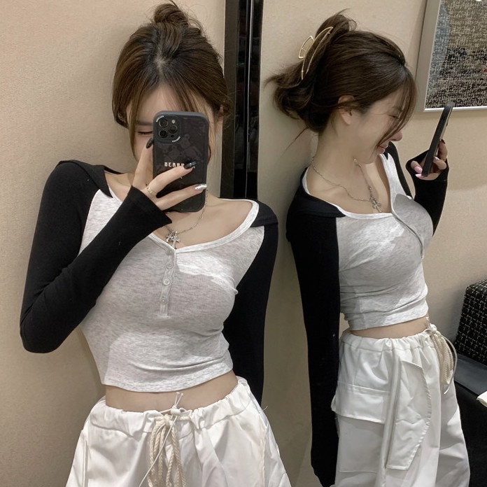 A 'o len croptop Áo Thun Thể Thao Tay Dài Có Mũ Trùm Nửa Nút Màu Tương Phản Dáng Ôm Ngắn Cho Nữ