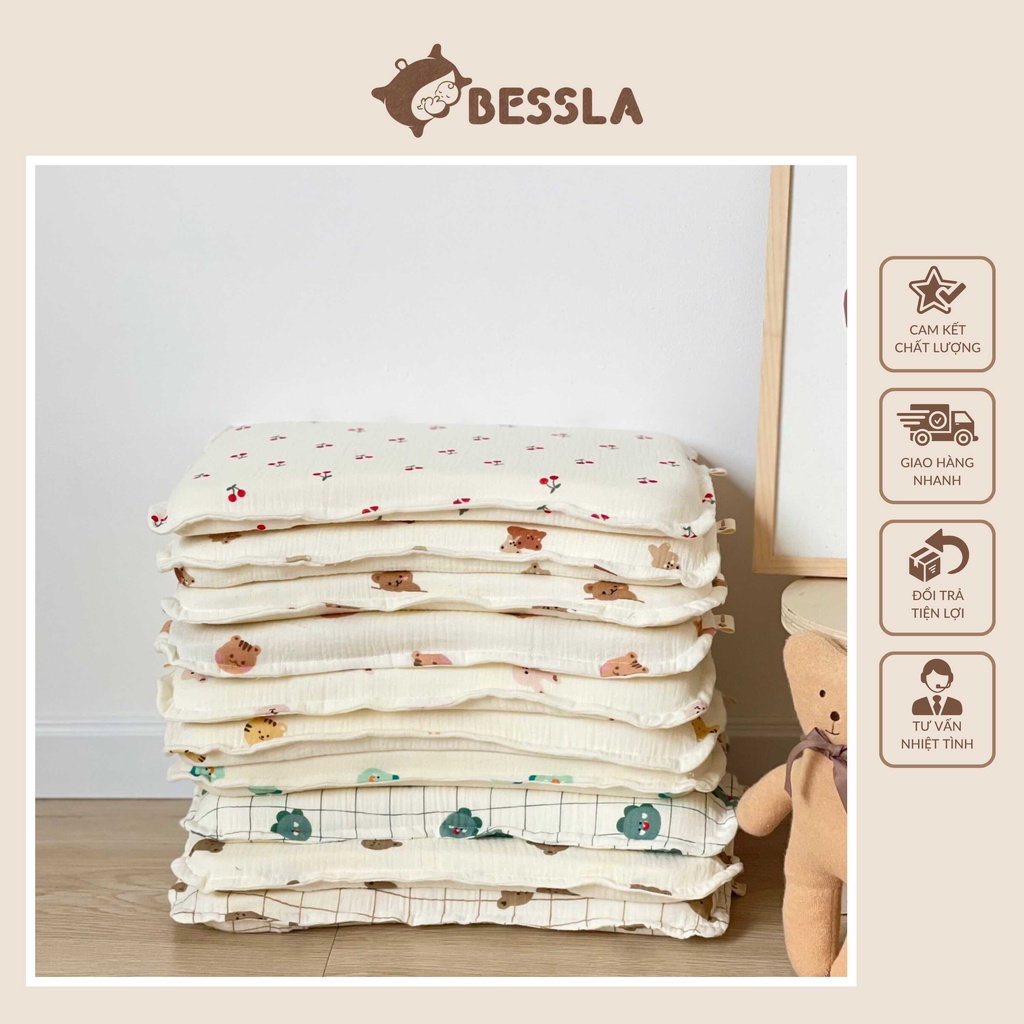 Gối Cao Su Non 3cm chất muslin Cho Bé 7 Tháng - 3 Tuổi Tuổi Bessla 39x23x3cm Thoáng Mát Độ Đàn Hồi Cao An Toàn