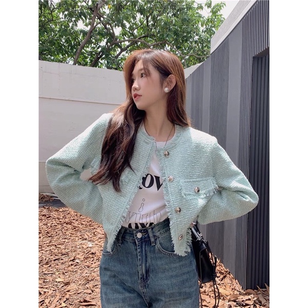 Áo khoác dạ tweed màu xanh mint cổ tròn thu đông 2022