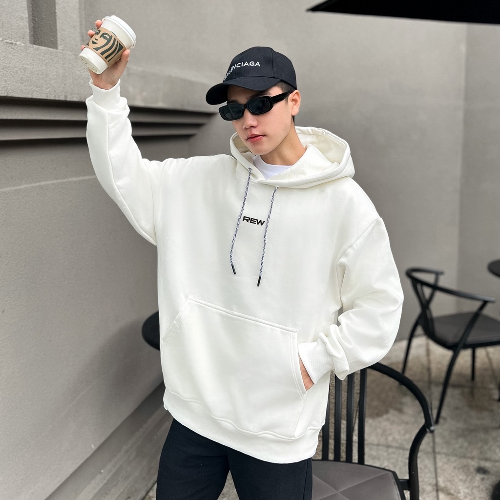 Áo Hoodie trắng form rộng 100% Cotton REW