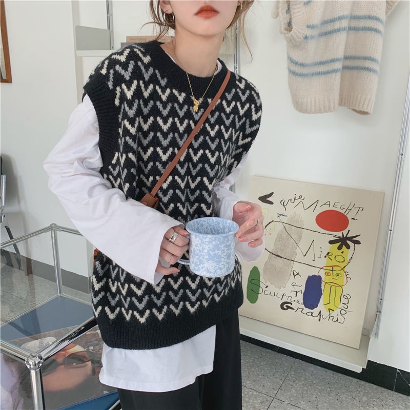 Áo Dệt Kim Sát Nách Dáng Rộng Cổ Chữ V Màu Sắc Trẻ Trung Phong Cách Hàn Quốc