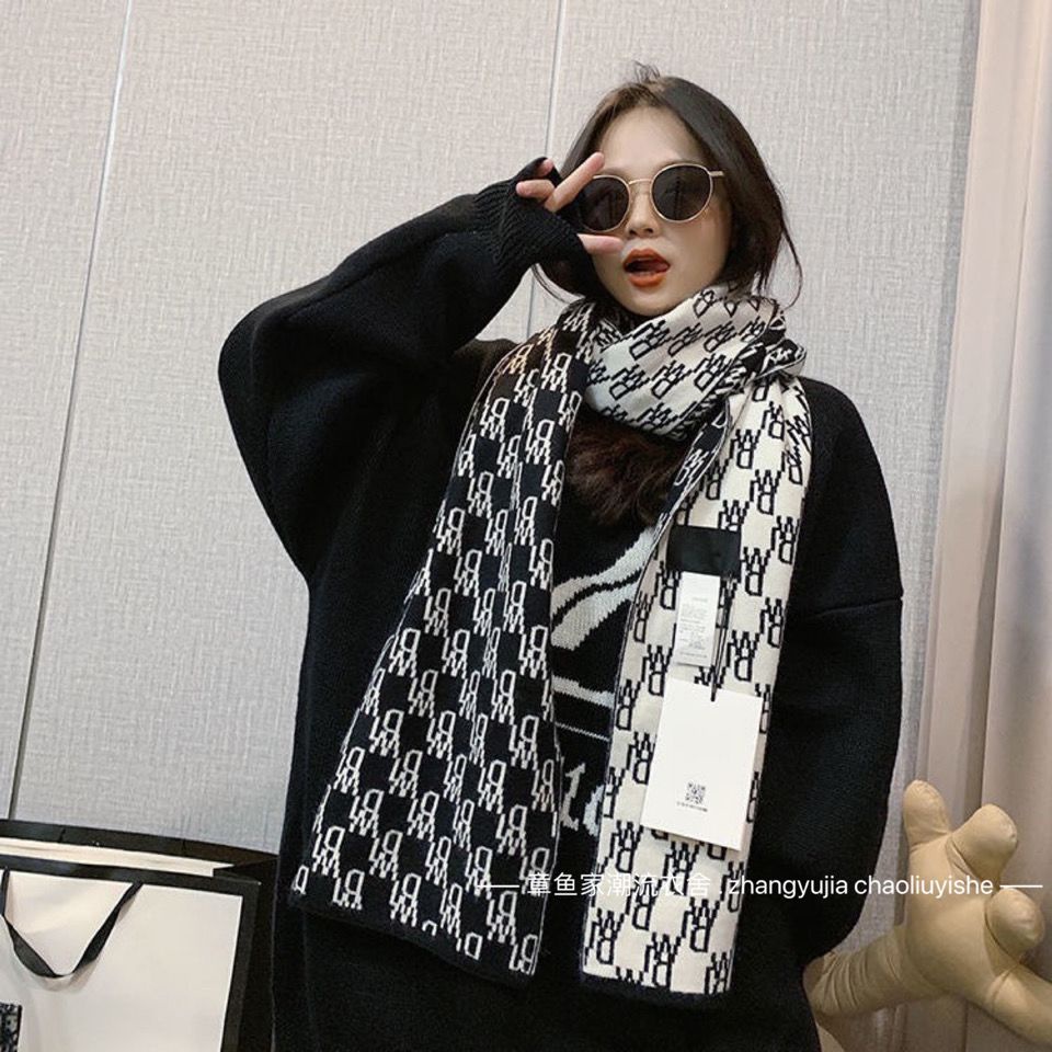 Khăn Choàng Len Hai Mặt Màu Trắng Đen Sang Trọng Phong Cách Đường Phố Unisex
