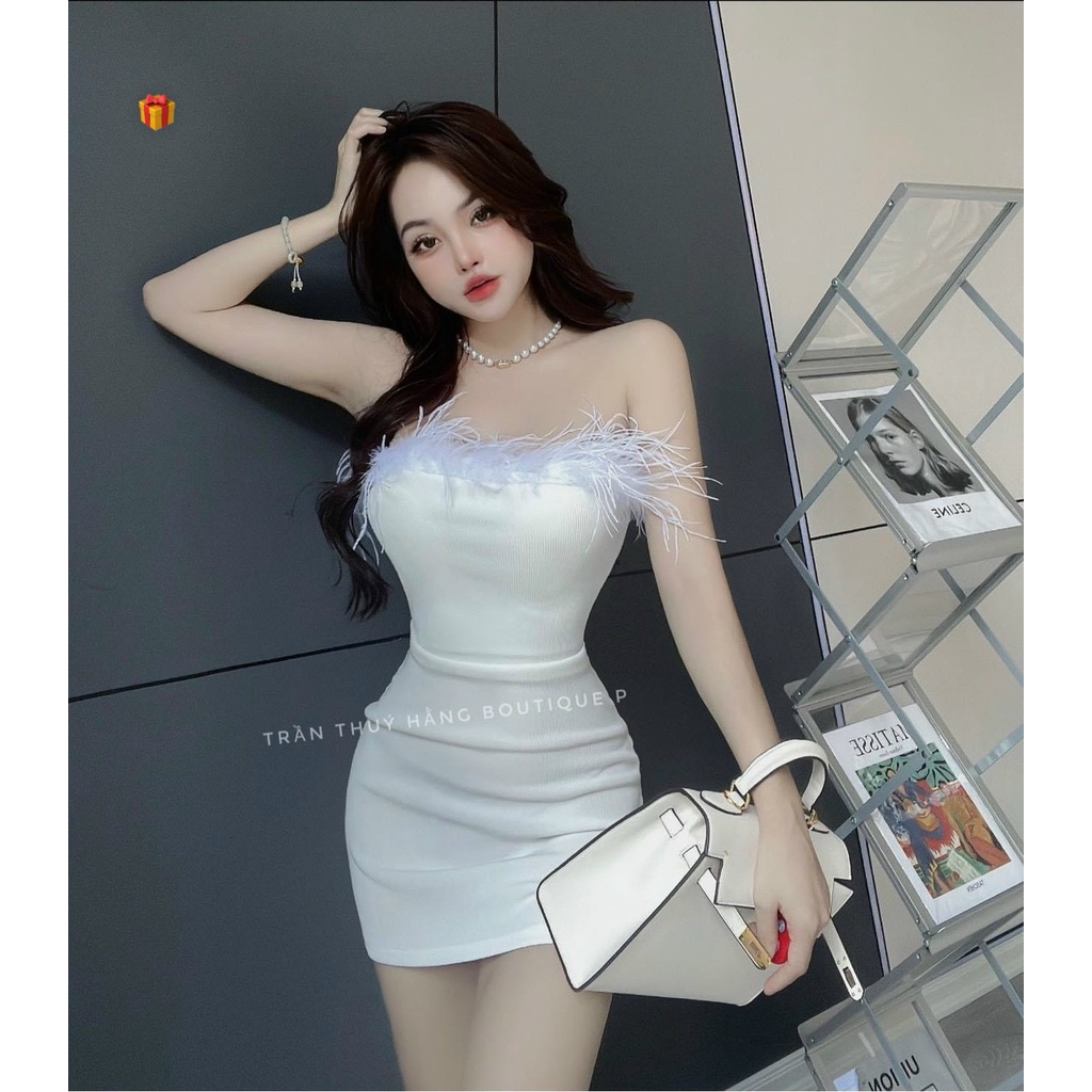 Đầm ống đính lông viền ngực ôm body dáng ngắn cực hot , chất thun bozip mềm mịn