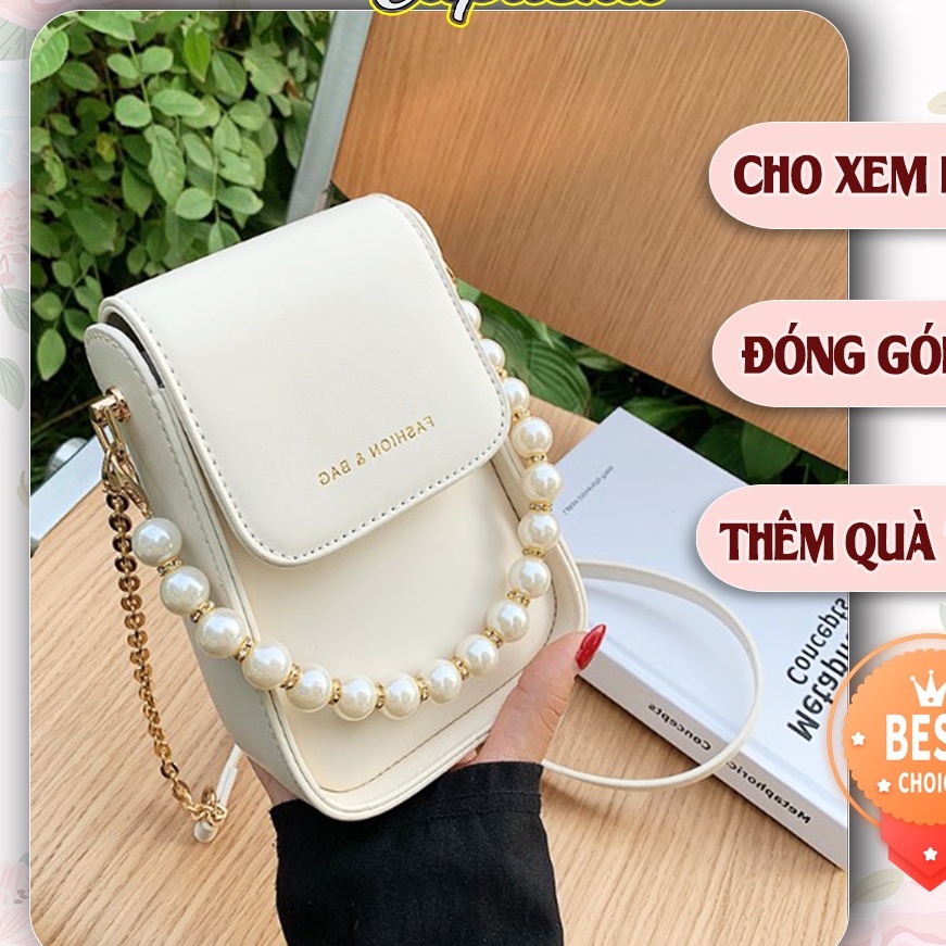 Túi xách nữ đeo chéo đựng điện thoại son phấn chất da dày đẹp thêm chuỗi hạt cá tính