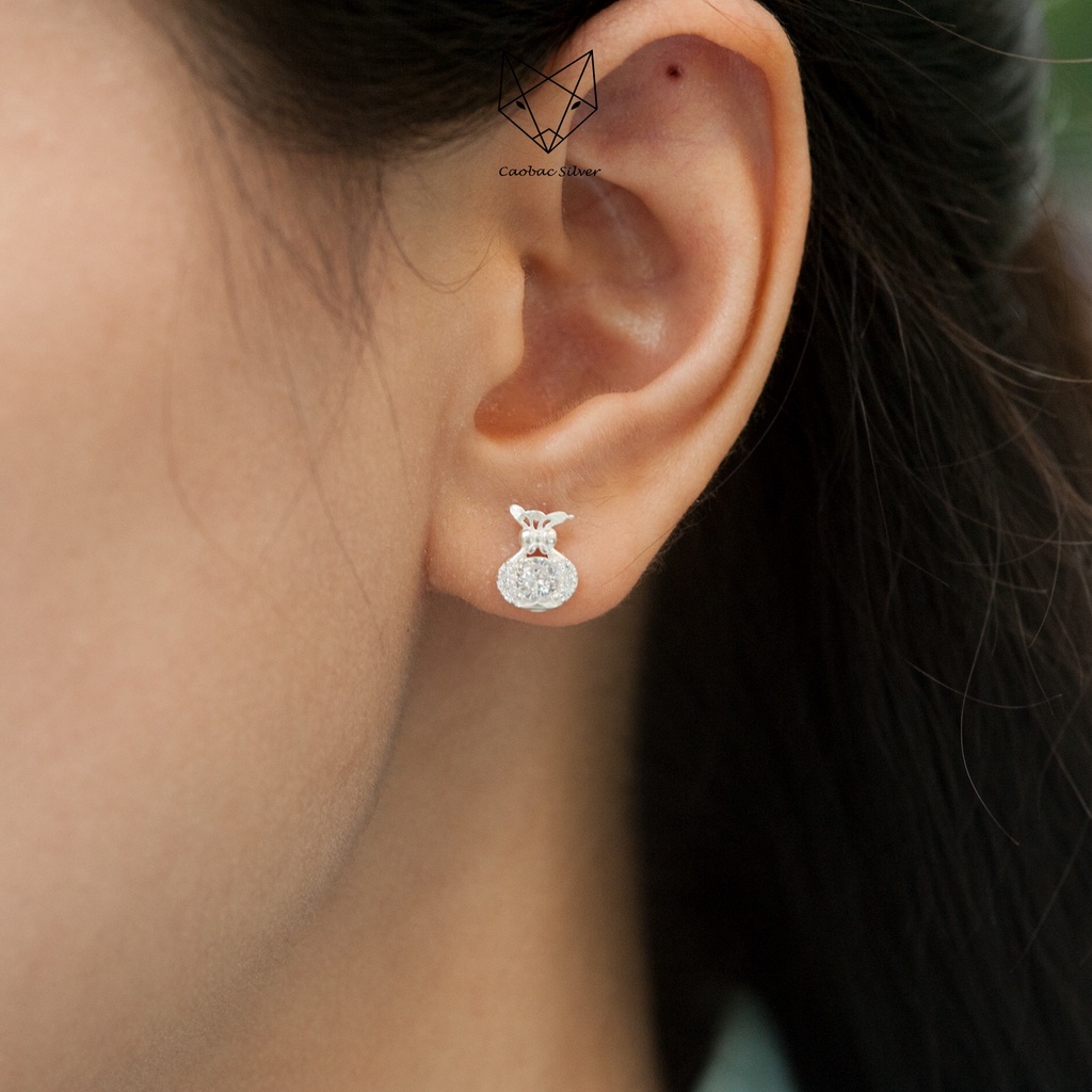 Khuyên Tai Bạc Ta Nữ CaoBac Silver Thiết Kế Hình Túi Tiền Đính Đá Lấp Lánh Xinh Xắn, Dễ Thương Dành Cho Bạn Gái